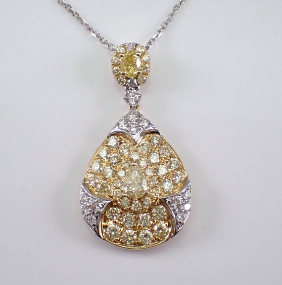 Yellow Canary Diamond Necklace - 14k White and Yellow Gold Station Chain - Fancy Teardrop Pendant Choker