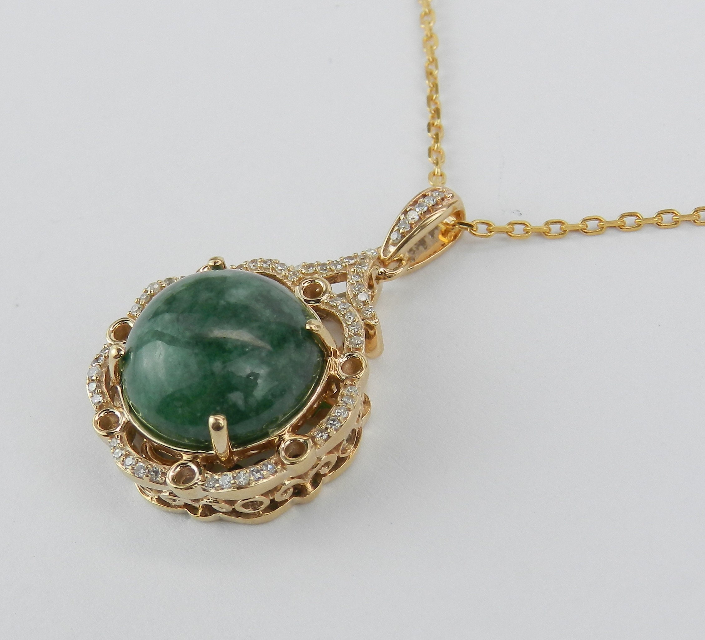 Natural Jade Necklace Diamond And Jade Halo Pendant 14k Yellow Gold Necklace Healing Gemstone 