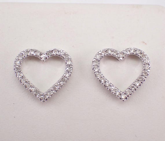White Gold Diamond Heart Earrings - Petite Open Screwback Studs - Dainty Birthday Fine Jewelry Gift