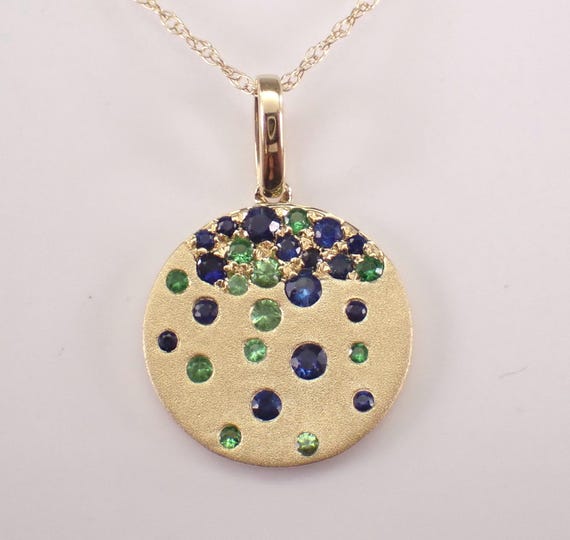 Sapphire and Emerald Charm Necklace: Yellow Gold Cluster Coin Disk Pendant and Choker Chain
