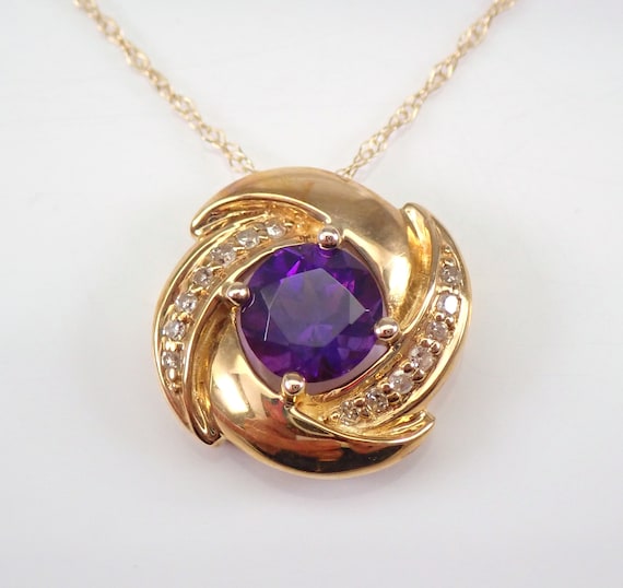 Genuine Amethyst Pendant Necklace - Solid Yellow Gold Diamond Halo Setting - February Gemstone Jewelry for Women