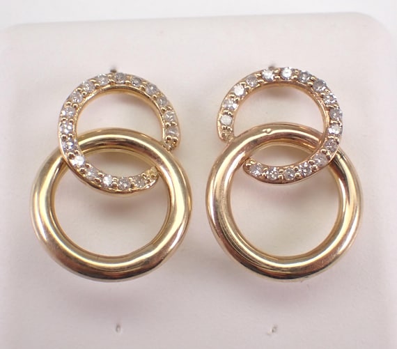 Yellow Gold Diamond Drop Earrings - Dainty Interlocking Circle Design