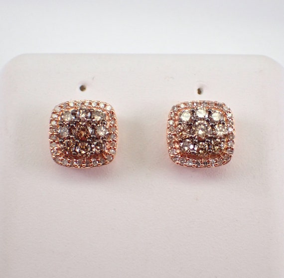 Chocolate Diamond Cluster Stud Earrings - Rose Gold Square Halo Studs - Unique Fine Jewelry Wedding Gift