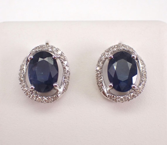 14K White Gold Sapphire Stud Earrings - Diamond Halo Setting Studs - September Birthstone Fine Jewelry Gift