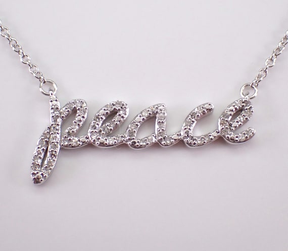 White Gold Diamond Peace Charm Pendant - Unique Name Station Necklace - Birthday Fine Jewelry Gift for Daughter