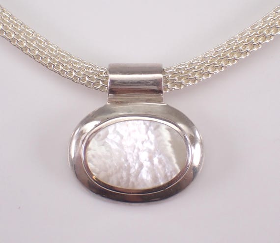 Vintage Sterling Silver Mother of Pearl Necklace, Unique Slide Charm Pendant and Chain Jewelry Gift