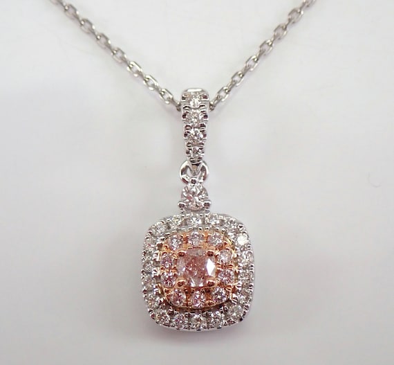 18K White Gold Cushion Cut Pink Diamond Pendant Double Halo Necklace 18" Chain