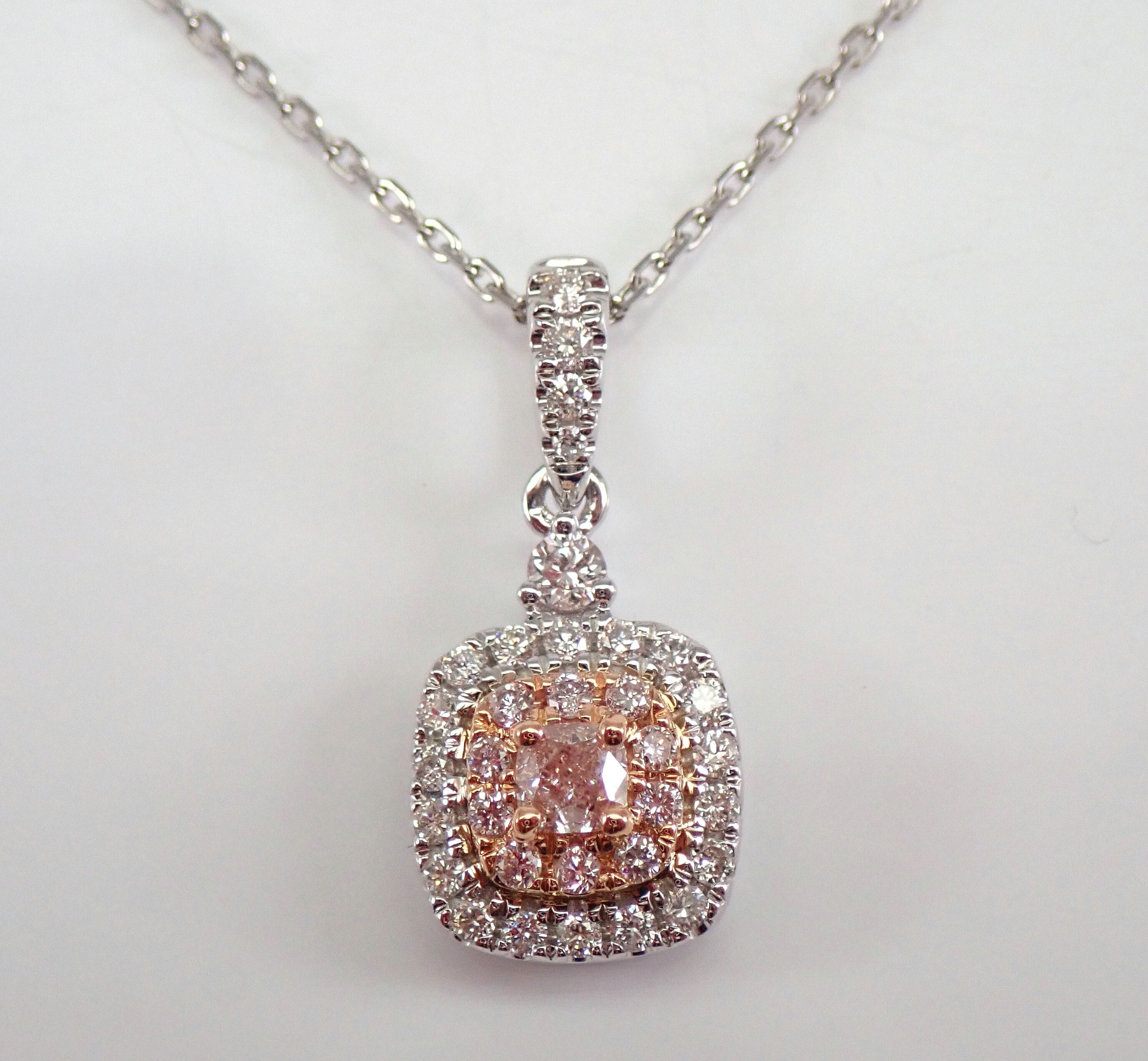 18K White Gold Cushion Cut Pink Diamond Pendant Double Halo Necklace 18  Chain