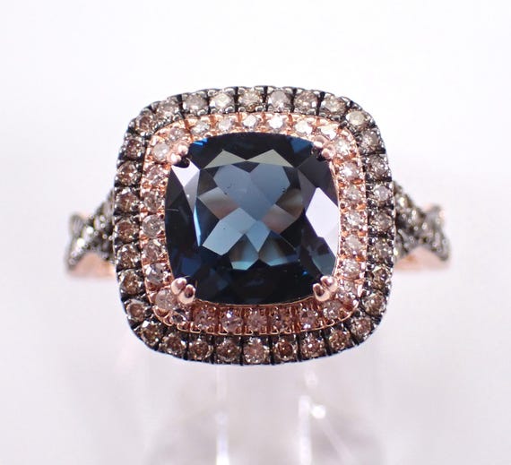 14K Rose Gold London Blue Topaz Ring - Cognac Diamond Halo Engagement Setting - Unique Bridal Fine Jewelry Gift
