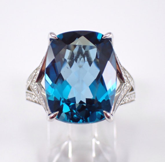 Cushion Cut London Blue Topaz and Diamond Ring - Large Genuine Engagement Setting - 14K White Gold December Gemstone Jewelry Gift