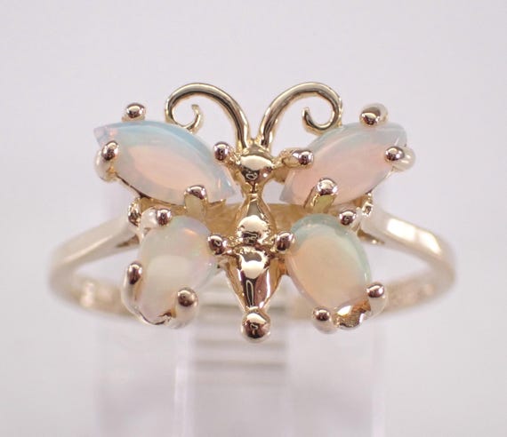 14K Yellow Gold Opal Butterfly Ring: Vintage Estate Dainty Gemstone Band
