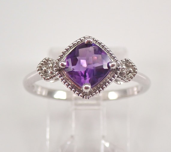 Amethyst Promise Ring - White Gold Diamond and Gemstone Engagement Ring - Cushion Cut February Birthstone Gift