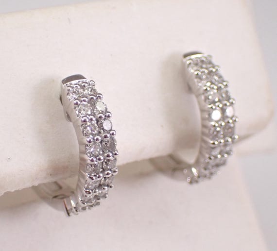 14K White Gold Diamond Hoop Earrings: Small Double Row Huggies