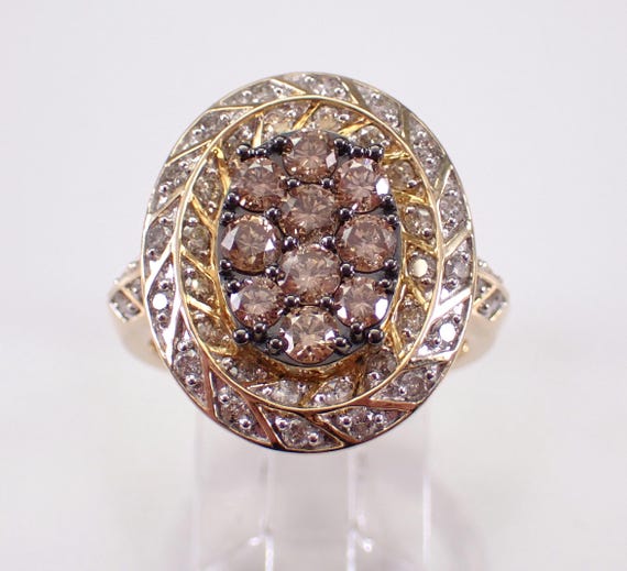 14K Yellow Gold Brown Diamond Ring, Bridal Engagement Halo Cluster Setting, Chocolate Colored Gemstone Jewelry Gift
