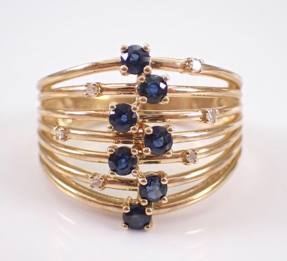 Sapphire and Diamond Multi Row Ring - Yellow Gold Wedding Anniversary Band - Unique Gemstone Jewelry Gift