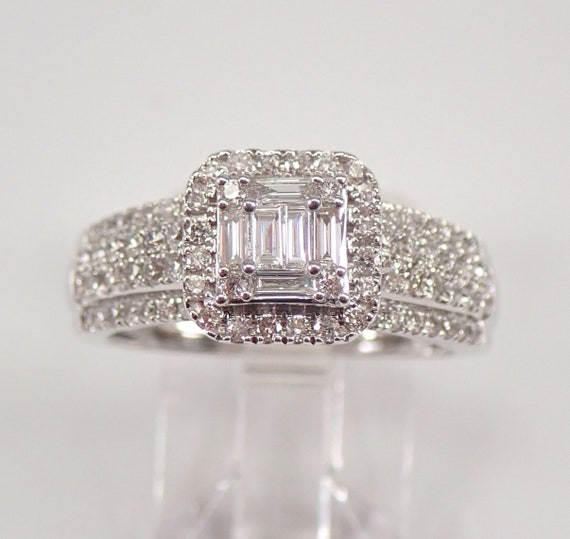 14K White Gold Diamond Engagement Ring - Princess Cut Halo Cluster Bridal Fine Jewelry