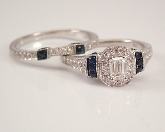 Emerald Cut Diamond Engagement Ring Set - 14k White Gold Bridal Wedding Band Set - Sapphire Gemstone Accents