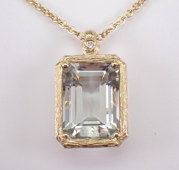 14K Yellow Gold Green Amethyst Pendant - Emerald Cut Prasiolite and Diamond Necklace - Large Gemstone Chain and Charm Jewelry Gift