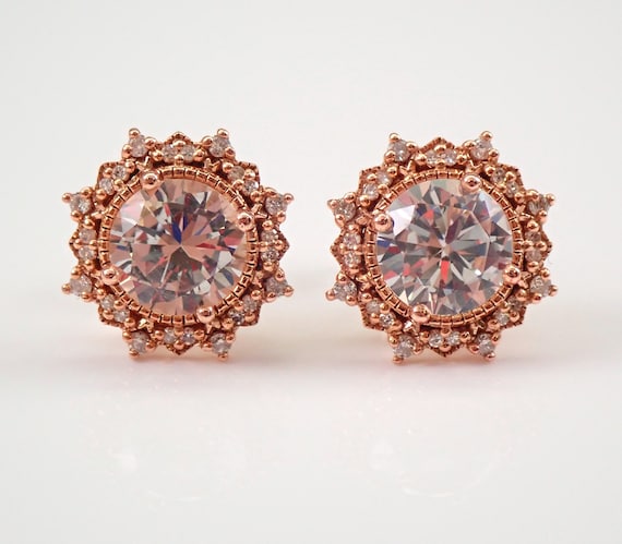 Rose Gold 3.25 ct White Topaz and Diamond Halo SNOWFLAKE Stud Earrings