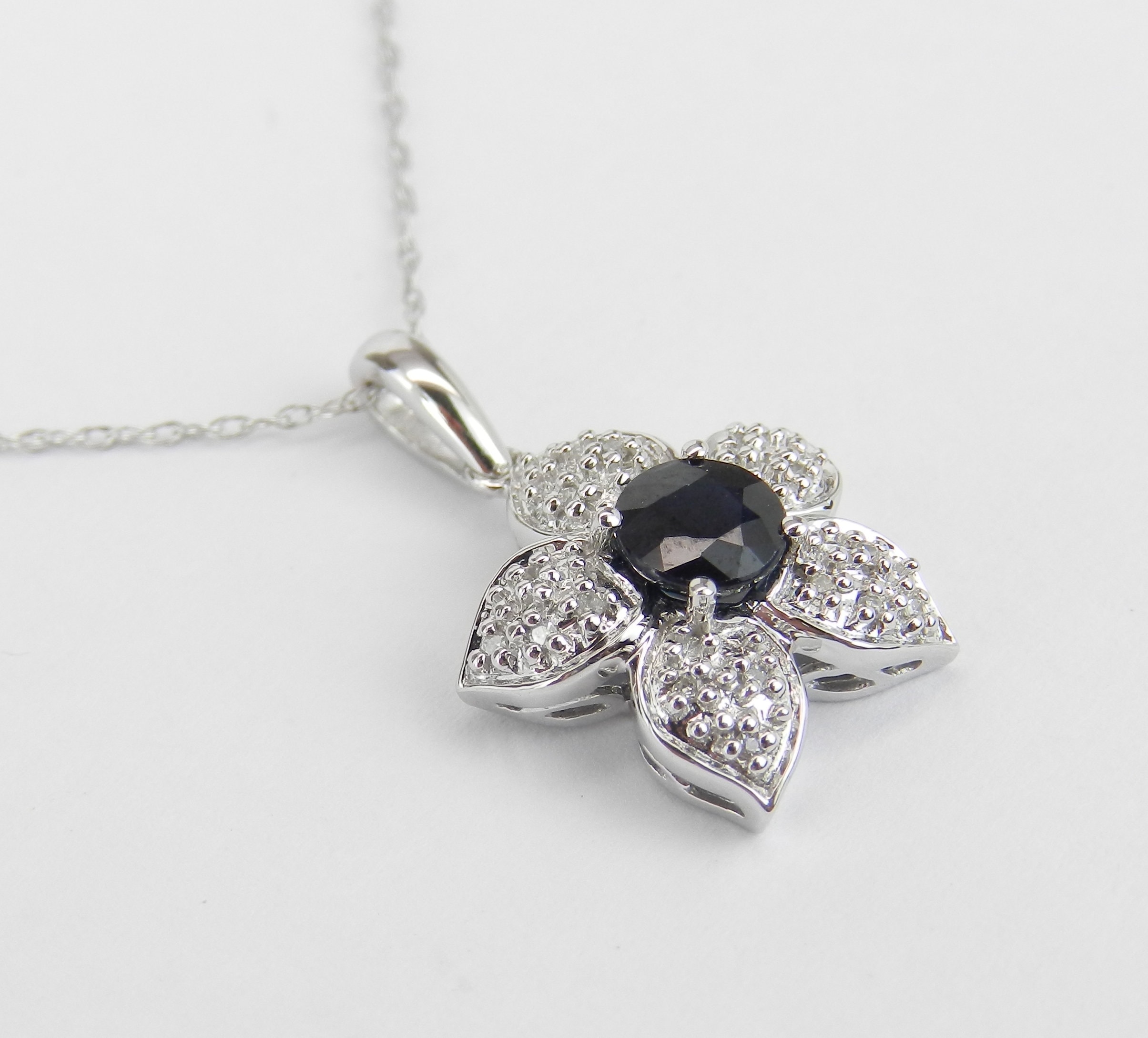 14k Rose Gold Daisy Pendant Necklace - Diamond Center & Sapphire Petals, 16 Inch Chain - View #3