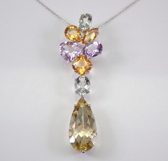 Unique Genuine Gemstone Necklace, 14K White Gold Green Amethyst and Citrine Pendant, Large Teardrop Yellow Topaz Lariat Drop Fine Jewelry