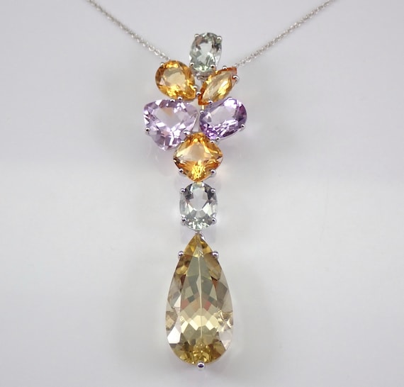 14K White Gold Gemstone Necklace, Green Amethyst and Citrine Pendant, Large Teardrop Yellow Topaz Lariat Charm Chain