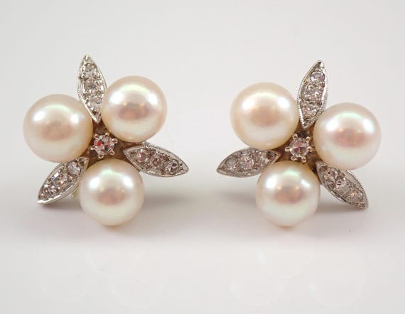 Antique Pearl and Diamond Stud Earrings: 14K White Gold June Birthstone Wedding Studs