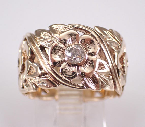 Vintage 14k Yellow Gold Diamond Wedding Ring: Estate Flower Cigar Anniversary Band