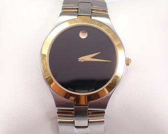 Estate MOVADO Museum Watch, Mens Black Face Dial Swiss Quartz Wristwatch, Two Tone Stainless Steel Watch Band