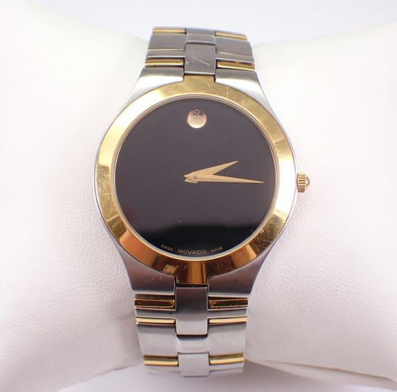 Estate MOVADO Museum Watch, Mens Black Face Dial Swiss Quartz Wristwatch, Two Tone Stainless Steel Watch Band