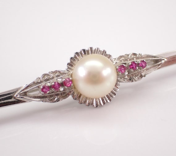 Antique Pearl and Ruby Stick Pin - Art Deco 18K White Gold Brooch - 1920s Fine Jewelry Gift