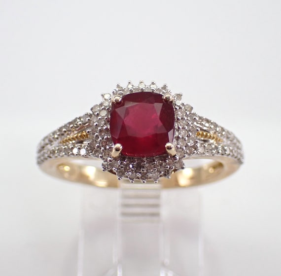 Ruby and Diamond Halo Ring - Yellow Gold Bridal Engagement Band - July Birthstone Fine Jewelry Gift