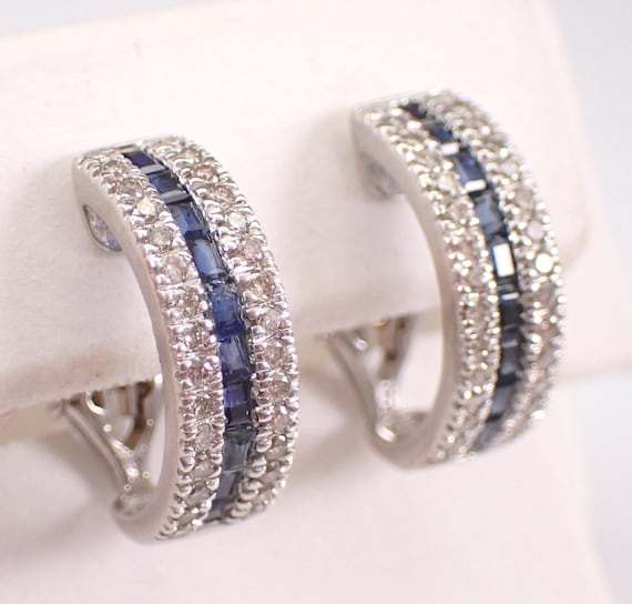 14K White Gold Sapphire and Diamond Hoop Earrings - Estate Gemstone Huggies