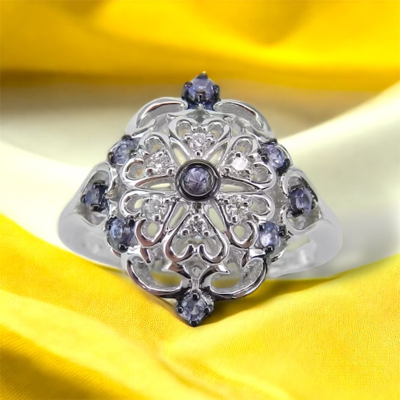 Vintage Style Tanzanite Ring, White Gold Diamond Heart Motif Ring, Domed Filigree Cluster Ring