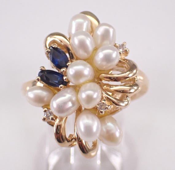 Vintage 14K Yellow Gold Pearl and Sapphire Ring: Estate Gemstone and Diamond Cluster Band