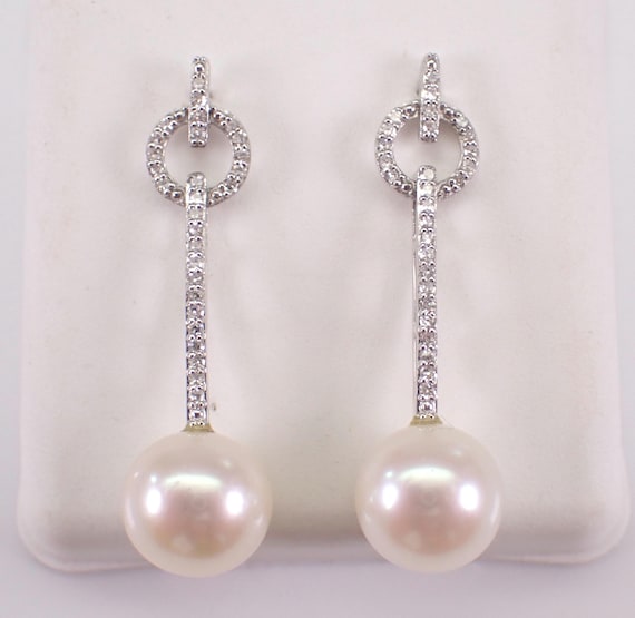 14K White Gold Pearl Dangle Earrings - Diamond Fine Jewelry Wedding Gift - June Birthstone Gemstone
