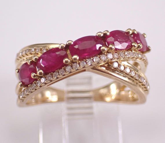 Yellow Gold Ruby and Diamond Wedding Ring: Multi Row Gemstone Anniversary Band