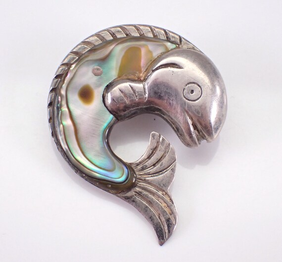 Vintage Sterling Silver Fish Brooch - Unique Abalone Gemstone Jewelry - Antique Pieces Sea Life Koi Pin