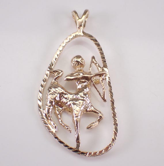 Vintage 14K Yellow Gold Sagittarius Zodiac Charm, Estate Astrology Star Sign Pendant, Unique Archer Open Frame Drop