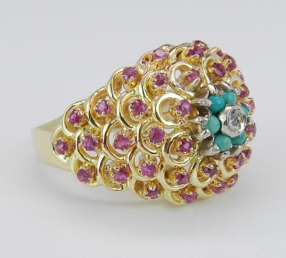 Vintage Turquoise and Ruby Ring - Solid 18k Yello… - image 6