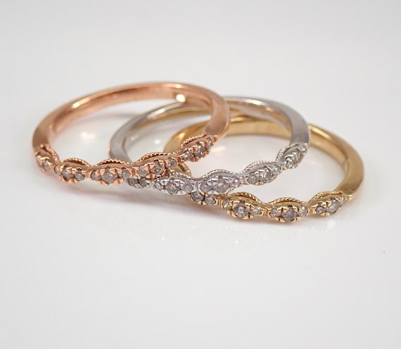 Genuine Diamond Wedding Ring, SET of 3 Stackable Anniversary Bands, Solid 10K Gold Tri Color