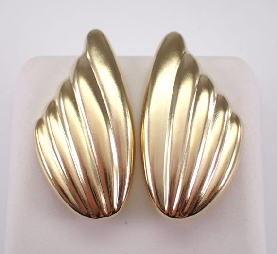 Vintage 14K Yellow Gold Earrings - Unique Estate Drop Studs - 70s Ribbed Fine Jewelry Gift