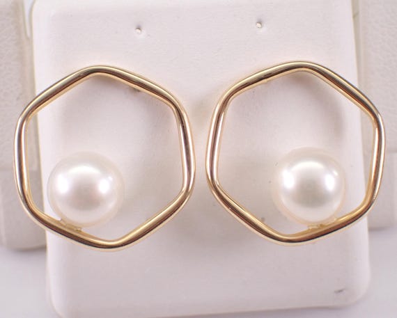 14K Yellow Gold Pearl Stud Earrings: Unique Hexagon Open Drops