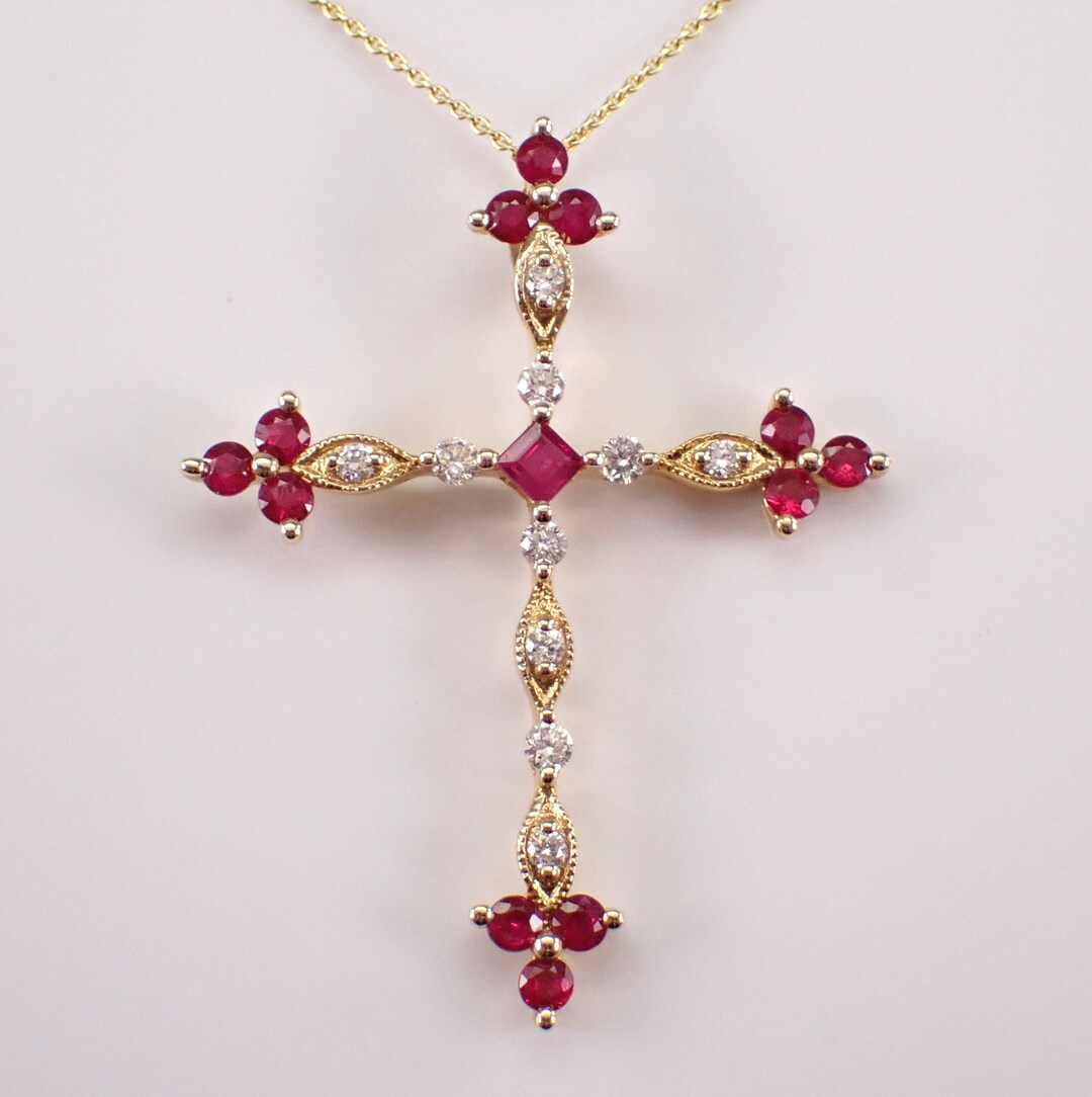 Religious Ruby Ruby and Diamond Cross Necklace - 14K Yellow Gold Religious Charm ...