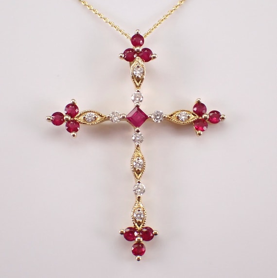 Ruby and Diamond Cross Necklace - 14K Yellow Gold Religious Charm Pendant - Unique Gemstone Fine Jewelry Gift