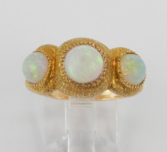 Vintage 14K Yellow Gold Opal Ring, Three Stone Genuine October Gemstone Jewelry