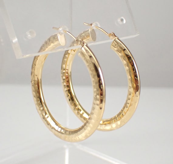 Vintage 14K Yellow Gold Hoop Earrings - Textured Hammered Hoops - Estate Dainty Jewelry Gift