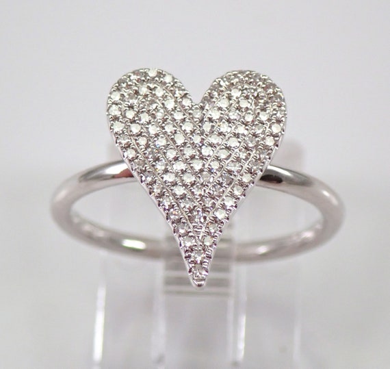 14K White Gold Diamond Cluster Heart Ring Right Hand Cocktail Modern Size 5.25