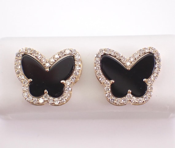 Black Onyx and Diamond Butterfly Stud Earrings: 14K Yellow Gold Butter Fly Wings Studs