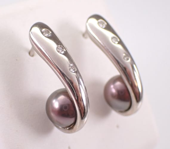 14K White Gold Black Pearl Earrings, Simple Diamond Half Hoop Studs, GalaxyGems Bridal Jewelry Gift
